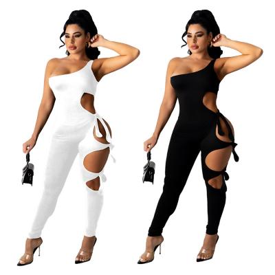 China 2021 Summer Hottest Selling Custom Solid Color Slash Anti-pilling Neck Hollow Out Women Romper Overalls for sale