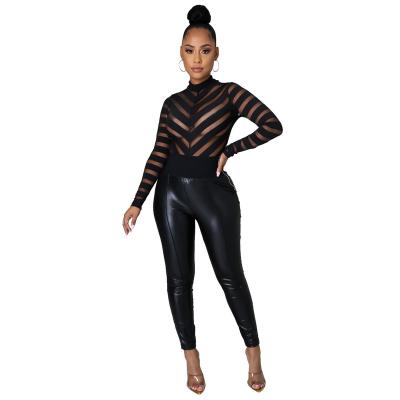 China Latest Design Breathable 2021 Spring Black Long Sleeve Striped One Piece Jumpsuit High See Through for sale