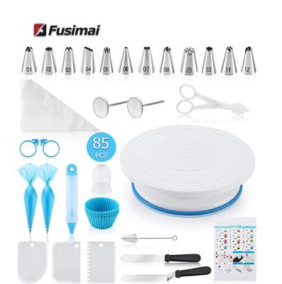 China Fusimai Viable Amazon 85 Piece Turntable Set Tip Bag Tool Baking Cake Decorating Kit 85pcs Cake Decorating Tools for sale