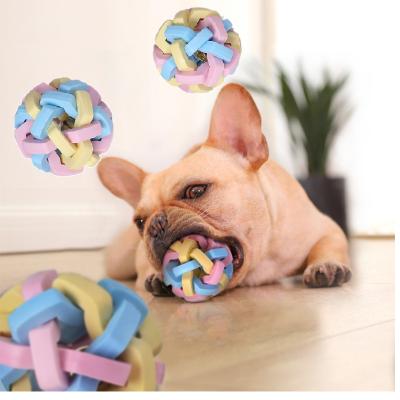 China Fusimai Viable New Colorful Bell Toy Pet Dogs Molar Teeth Vocal Bite Resistant Macarons Woven Ball for sale