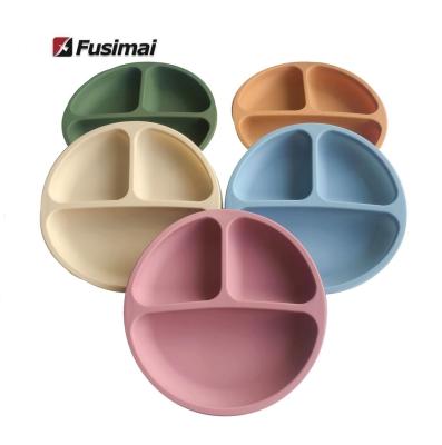 China Fusimai Sustainable Children's Silicon Dinner Dish Integrated Fall Proof Feeding Tableware Round Silicone Baby Dish for sale