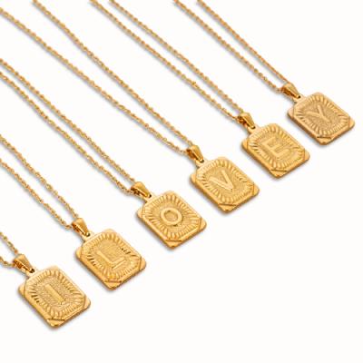 China Punk Gold Plated English Alphabet A-Z Necklace 26 Mens Womens 18K 24K Stainless Steel Square Initial Letter Pendant Necklace for sale