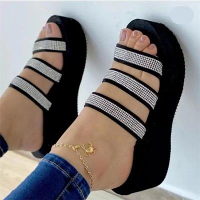 China Fashion trend thick bottom slope heeled rhinestone women shoes summer sandal slippers for women lady shoes for sale