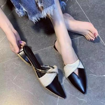 China Baotou slippers women's fashion trend color medium thick heel casual metal decoration 2022 summer pointed toe shoes female for sale