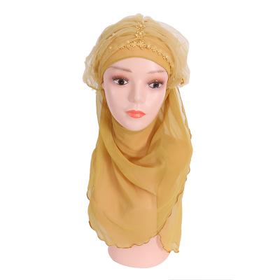 China Quick-drying High Quality Delicate Islamic Turkish Ethnic Hijab Polyester Pure Color Lace With Beads Ladies hijab pins muslim scarf women for sale