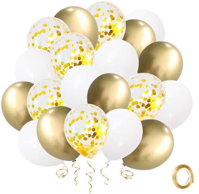 China Advertising Toy Gold Confetti White Balloons 60pcs, 12inch Latex Balloons Gold Party Metallic Balloons with Gold Ribbon for Birthday Party for sale