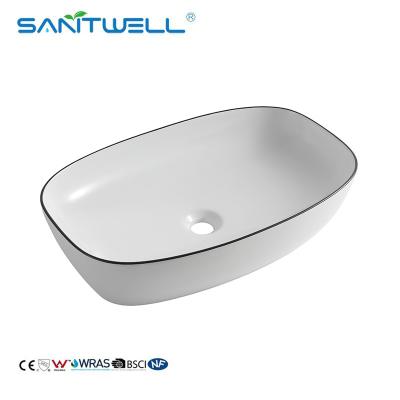 China Sanitwell modern design porcelain white counter top ceramic bathroom art basin face hand wash basin sink with gold line for sale