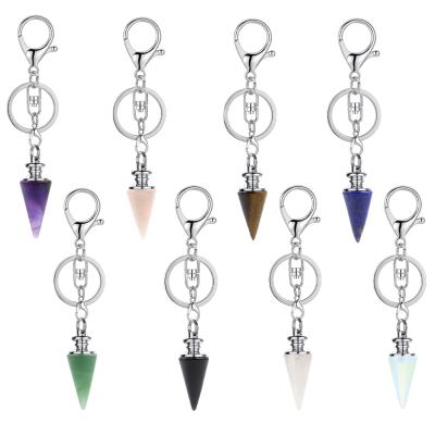 China Healing Crystal Reiki Chakra Point Key Vintage Gemstone Cone Key Chain Natural Pendant Pendulum Dowsing Chain Accessories for sale