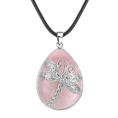 China Silver Dragonfly Crystal Quartz Stone Strap TRENDY stone pendant shape drop 18 inch leather rope for necklace jewelry making for sale