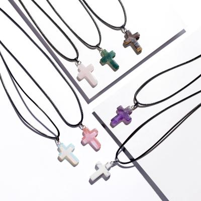 China FASHIONABLE Natural Gemstone Cross Pendant Necklace Healing Crystal Quartz Chakra Gemstone Cross Shape Charms Pendant For DIY Jewelry Making for sale