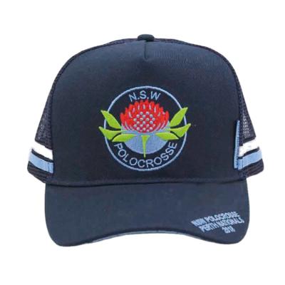 China Custom 5 Panel Embroidery Logo Cotton Mesh Baseball Hat Stripe Trucker High Peak Cap for sale