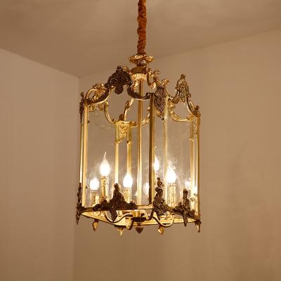 China IP20 Rated French Vintage Style Gilt Bronze Hanging Lantern Chandelier with Engraved Glass Panels 4 Light Te koop