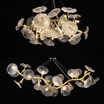 China Hotel Lotus Leaf Glass Chandelier Custom Indoor Decoration Light Art Aluminum Tree Branch for sale