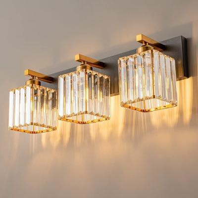 China Modern Bathroom Crystal Vanity Lights 3 Lamp Brass Lighting Fixtures Gold Over Mirror for sale