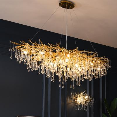 China Árbol de gota de lluvia moderno personalizado Ramo de oro lujoso gran cristal lámpara de cristal luz de techo para la sala de estar hotel villa en venta