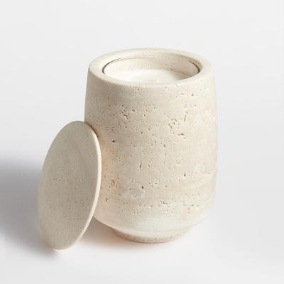 中国 stonekocc D11x15.5CM Travertine Stone Big Empty Candle Cup With Lid Marble Jar holder Home Decor Christmas ornaments 販売のため