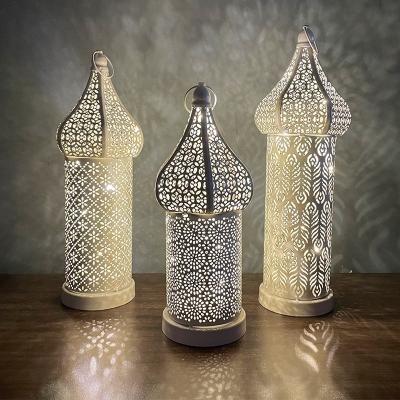 China Blanco Oro Metal LED lámpara de luz de viento Decoración para el hogar Campamento Marroquí Ramadán Lámparas de linterna Eid Mubarak Decoraciones Regalos en venta