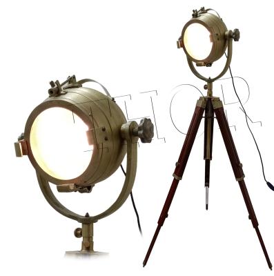 China Antique Brass Nautical Spot Floor Lamp Modern Design with LED Wooden Tripod Base Adjustable round Pattern for Home Office Decor for sale