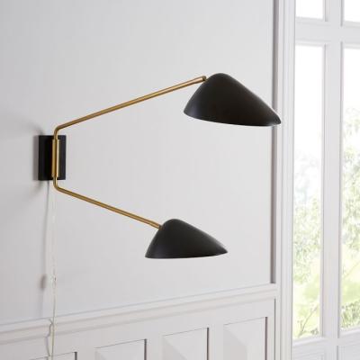 China Contemporary Mid Brass Unique Black Shade 2-Light Swing Arm Sconce for Indoor Home for sale