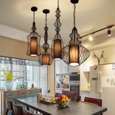 China Industry Cage Pendant Lamp with Brown Fabric Shade and Dimmer LED Chandelier Lights for sale