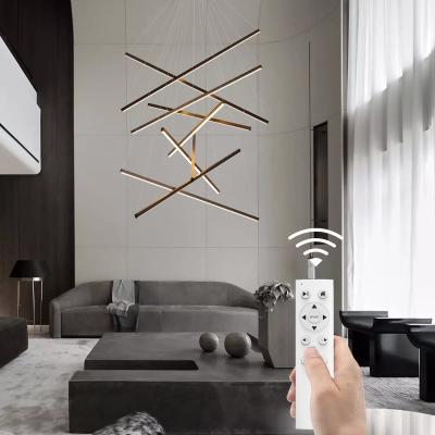 China Minimalist Style Black Linear Pendant Light with Long Steel Hanging Support Dimmer Large LED Stair Chandelier Lighting for sale