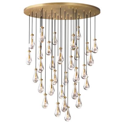 China 30000 Working Time Stair Crystal Raindrops Chandelier Lighting Round Large Pendant Light High Ceiling Luxury Long Rain Drop Chandelier for sale