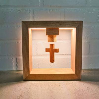 China Project Installation Cross Wooden Christian Decorations Portable Table Lamp Magnetic Floating Wood Light For Home Decoration for sale