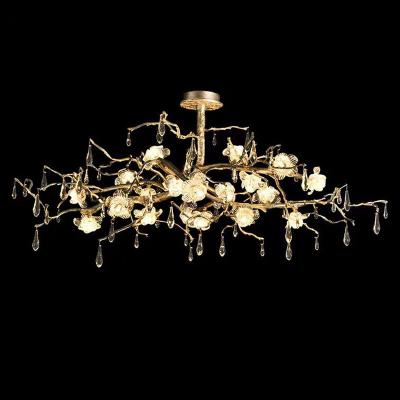 China Brass Tree Branch Chandelier with Flower Crystal Hotel Villa Art Deco Branch Light Fixture for sale