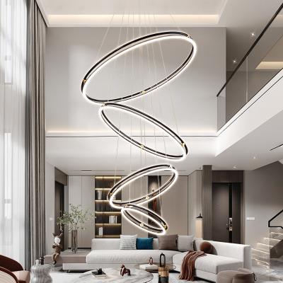 China 2023 Black Hotel Lobby Modern LED Acrylic Large Chandelier for High Ceiling Aluminum Ring Pendant Lighting Remote Control for sale