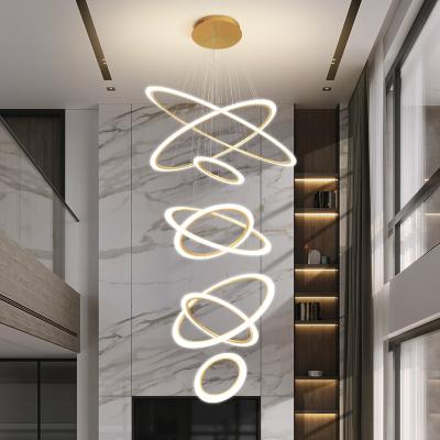 China Luxury Acrylic Circular Villa Large Pendant Lights Long Staircase Black High Ceiling Gold LED Glass 30 90 for sale