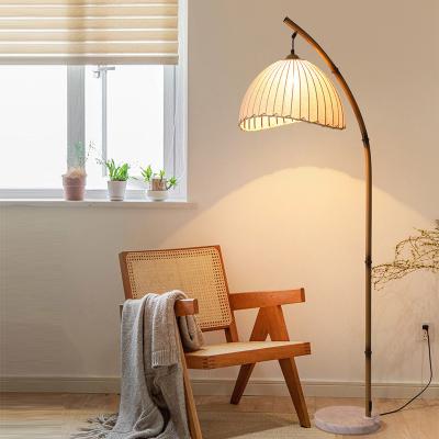 Китай Retro Zen Wabi Sabi Hotel Corner Decorative Arc Weaving Fabric Lampshade Marble Base Simulated Fishing Floor Lamp D15.74