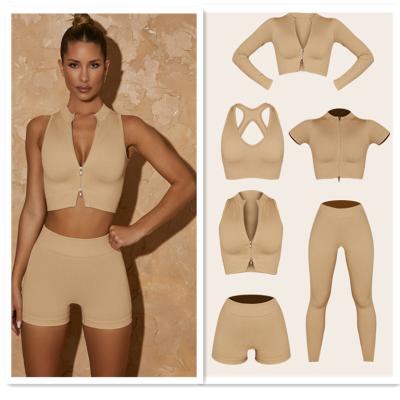 China 2022 Breathable Women Yoga Sports Women Seamless Clothes 6 Pieces Activewear Ribbed Natural Jogger Color Zipper Set for sale