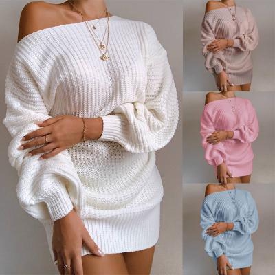 China Anti Wrinkle Bubble Lantern Sleeve Loose Round O Neck Casual Knitted White Warm Sweater Long Off The Shoulder Sweater Dress For Women for sale