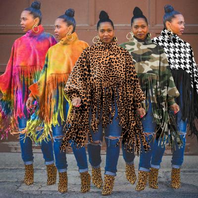 China Wholesale Anti-wrinkle Anti-wrinkle 4XL Plus Size Leopard Print Fringe Coat Ladies High Neck Casual Sweater Coated Long Sleeve Tassel for sale