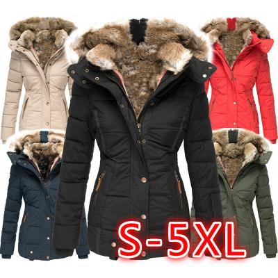 China 2021 European and American winter casual women's fur collar solid color coat cotton jacket hooded anti-wrinkle thin long-sleeved top for sale