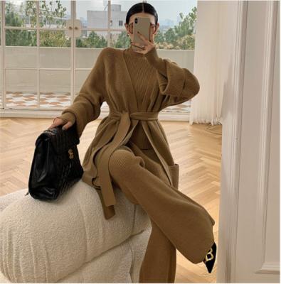 China Anti-pilling Anti-pilling 2021 New Arrivals Classic Rib Knit Long Sleeve Three Piece Set Women Sweater Set Wide Leg Sports Pants Suits Coat for sale