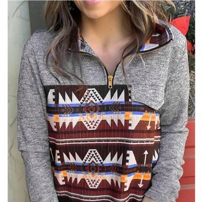 China Anti Wrinkle Women's Sleeve Zipper Pullover Half Tops Casual Long Sweatshirt Aztec Print With Pocket Woman Tops Fashionable Blouse for sale