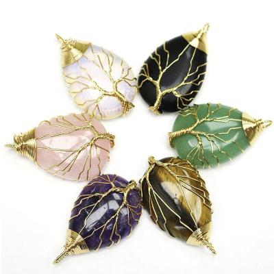 China Charms Natural Stone Gold Color Wire Wrap Crystal Tree Of Life Water Drop Agate Pendants For Jewelry Making for sale