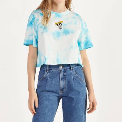 China Anti-wrinkle high quality tie dyed drop shoulder cropped women t-shirt custom for sale