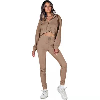 China Wholesale Anti-wrinkle solid color drawstring loose women hooded cardigan zipper pants casual sweater set for sale