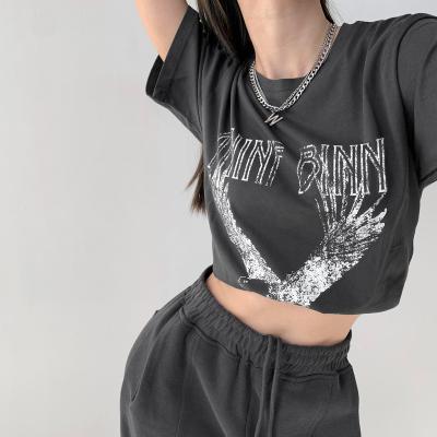 China Custom Summer Vintage Anti-wrinkle Eagle Letter Print Crew Neck T-shirt Women's Slim Loose Waist Short Sleeve Top for sale