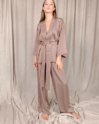 China Solid Color Loose Women's Pajamas Pants Home Set Satin Breathable Pajamas Long Robe With Belt 2 Piece Set for sale