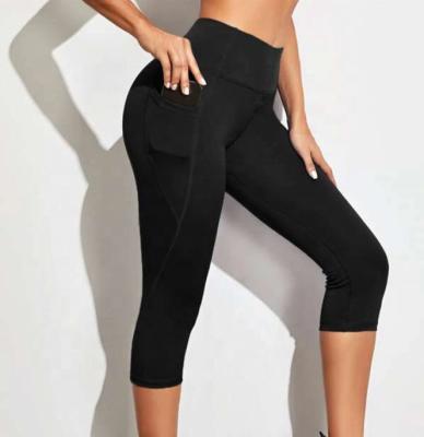 China Others Custom Made Soft High Stretch Plain Wide Waist Womens Capris Sports Leggings With Phone Pocket for sale