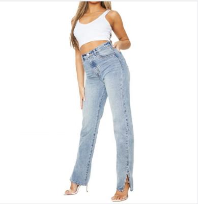 China Vintage QUICK DRY Custom Fashionable Wash High Waist Split Edge Women Casual Straight Leg Jeans for sale