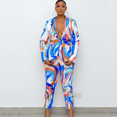 China Autumn And Winter Coat Suit Breathable Blue Printed Pencil Pants Casual European And American Suit Suit for sale