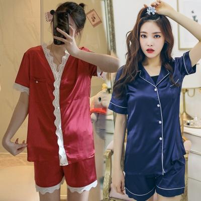 China QUICK DRY Contrast Tipping Satin Blouse Shorts Women Sleepwear Knitting Loungewear Pijamas Woman Satin Silk Pajamas For Women Set for sale