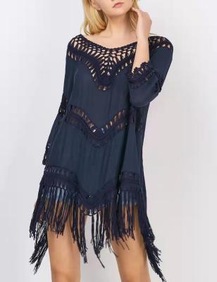 China Long Sleeve Fringed Beach Sun Protection Clothing Crochet Knitted Hollow Out Bikini Blouse for sale