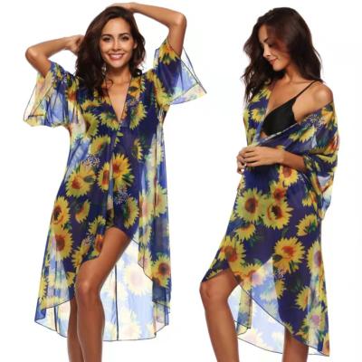 China Sunscreen Print Sunflower Sleeve Dress Cardigan Loose Oversized Bikini Overcoat Sunscreen Long Outdoor Skirt for sale