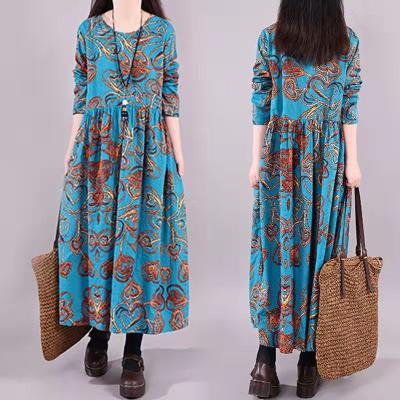 China Women's Summer Ethnic Style Five Sleeve Breathable Points Printed Round Neck Plus Size Dress for sale