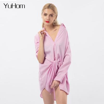 China Breathable Striped Printing Button Twist Half Front Rolled Tab Sleeve Shirt Dress for sale